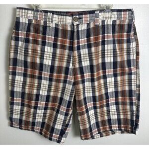 Perry Ellis America Orange Navy 100% Cotton Plaid Shorts Size 34